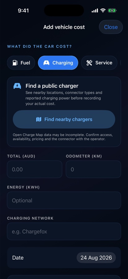 Drilore charging cost flow with nearby public charger search