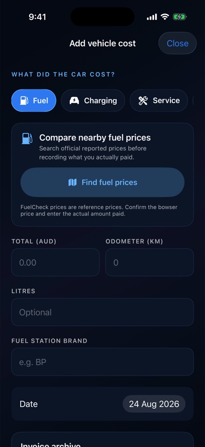 Drilore fuel expense entry with amount, odometer, litres and nearby price search