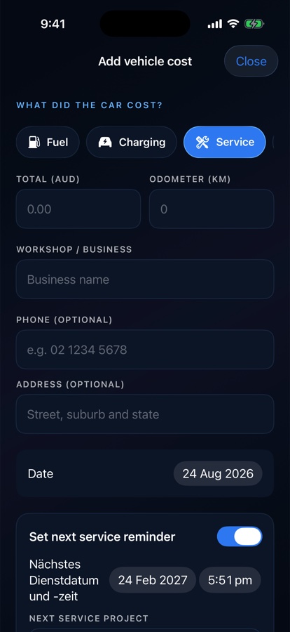 Drilore service expense entry showing amount, odometer, workshop, contact and date fields