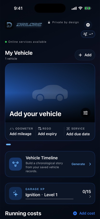 Drilore Garage showing a selected vehicle, odometer, Rego, service date, timeline and running costs
