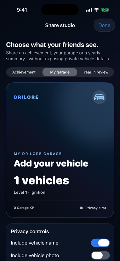 Drilore Share Studio showing explicit controls for what appears in a shared Garage summary